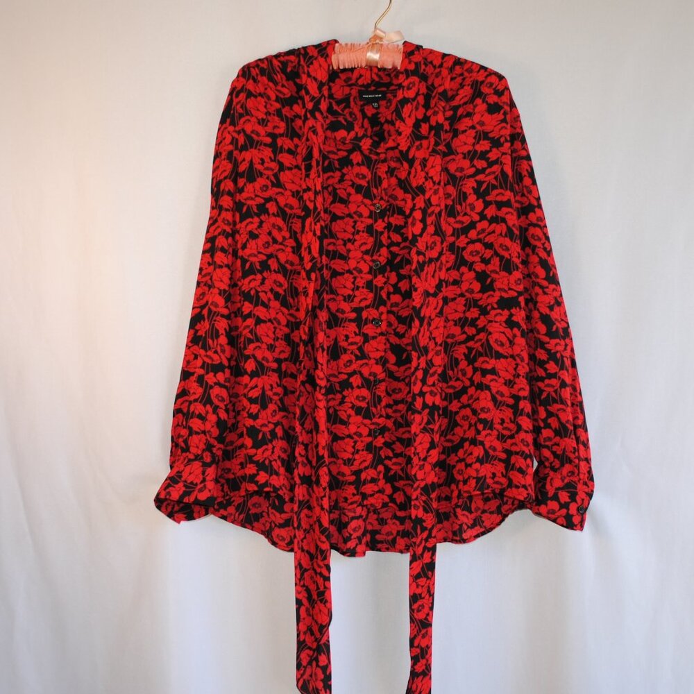Black and Red Button Up with Tie Long Sleeve Blouse - Who What Wear (XXL)